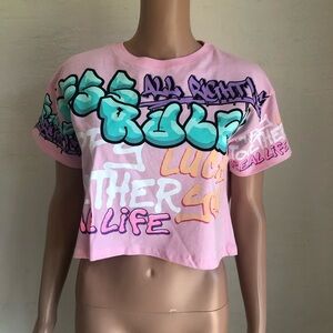 Zara Junior Girls Size 11-12 Pink Graffiti Cropped Printed T-Shirt Short Sleeves